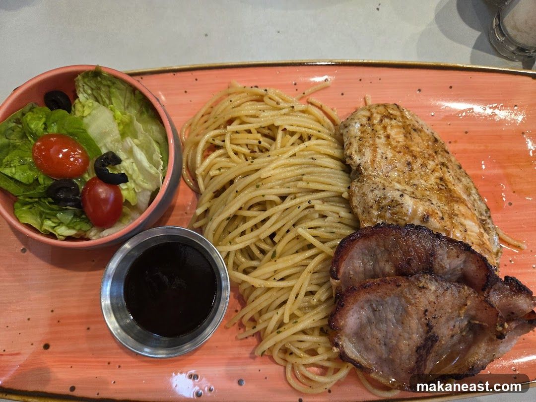 Grilled Chicken and Pork with Spaghetti