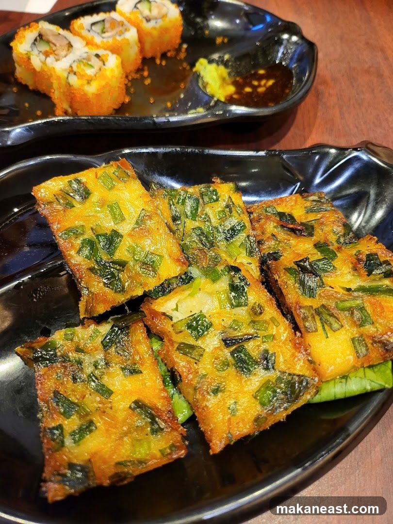 Pan-fried Chives Cakes and Sushi Rolls
