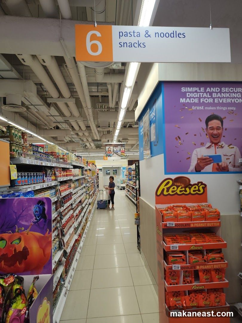 Supermarket Aisle with Snacks and Pasta