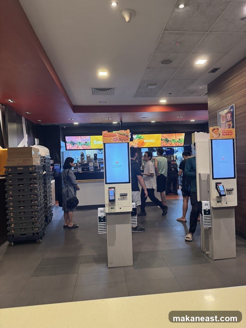 Self-order kiosks in a fast-food restaurant
