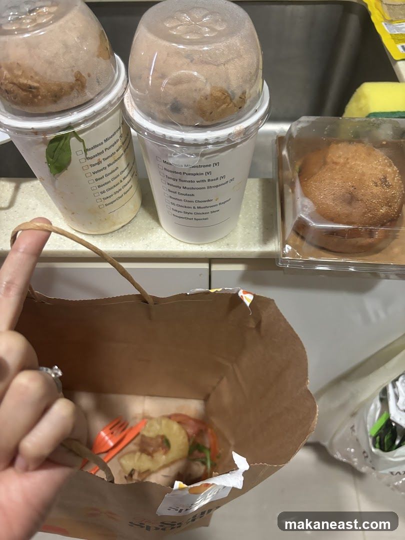 Food items and takeout bag