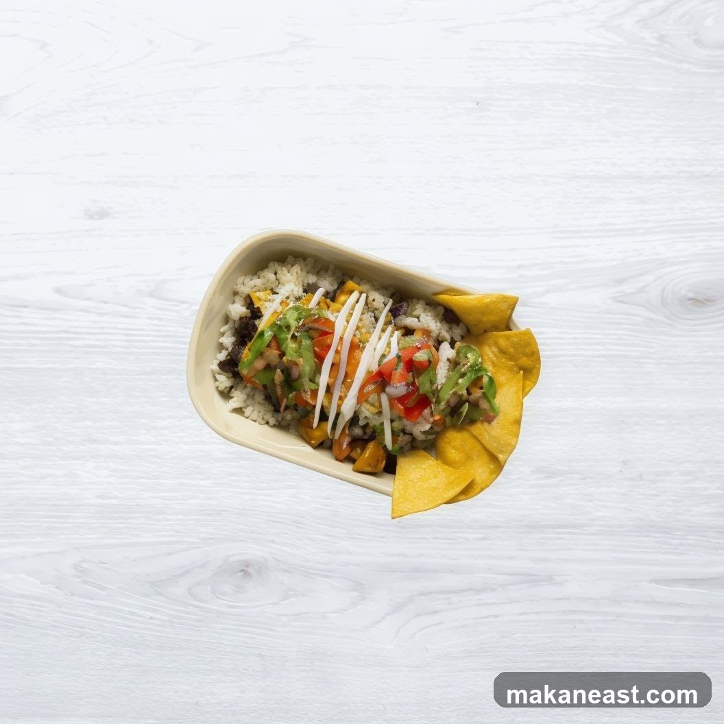 Rice bowl with toppings and chips