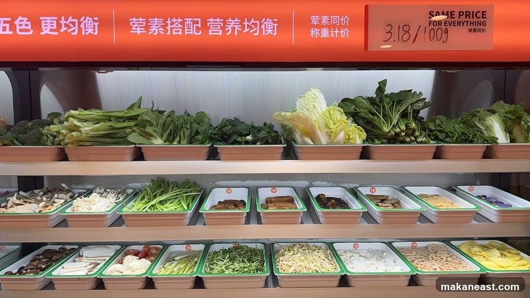 Buffet Display with Various Vegetables and Cooked Items