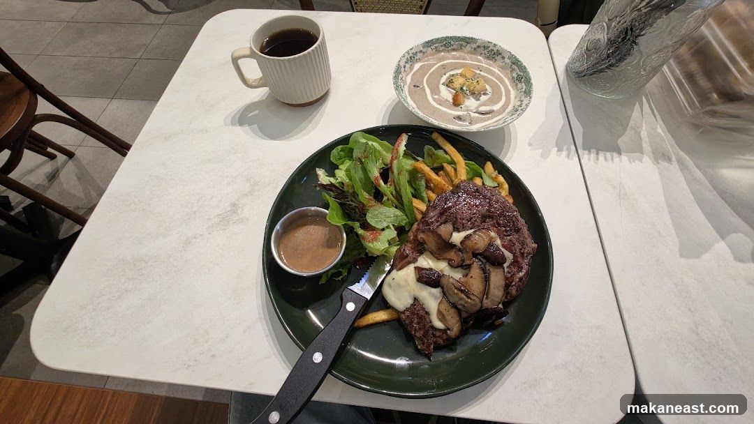 Steak Dinner with Soup and Coffee