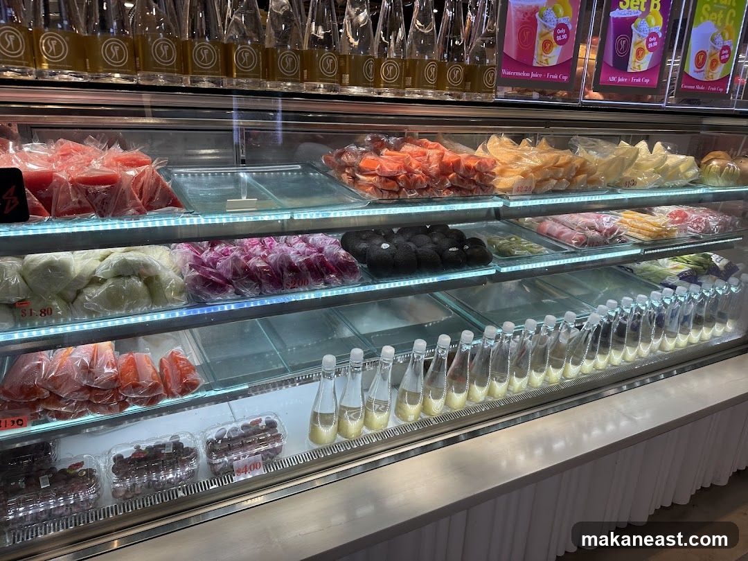 Refrigerated Display Case with Fruits and Drinks