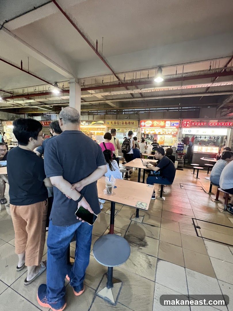 Food court with people dining and queuing