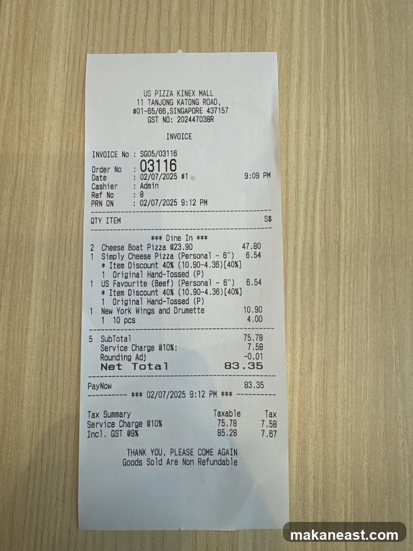US Pizza Receipt