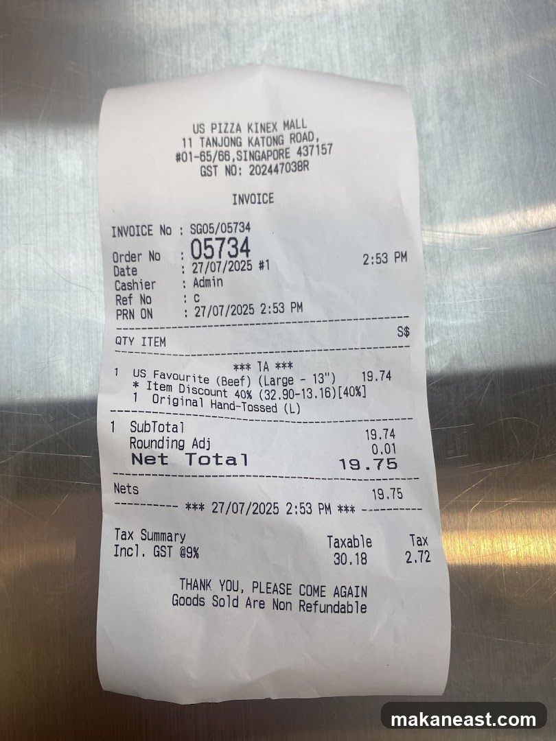 US Pizza Receipt