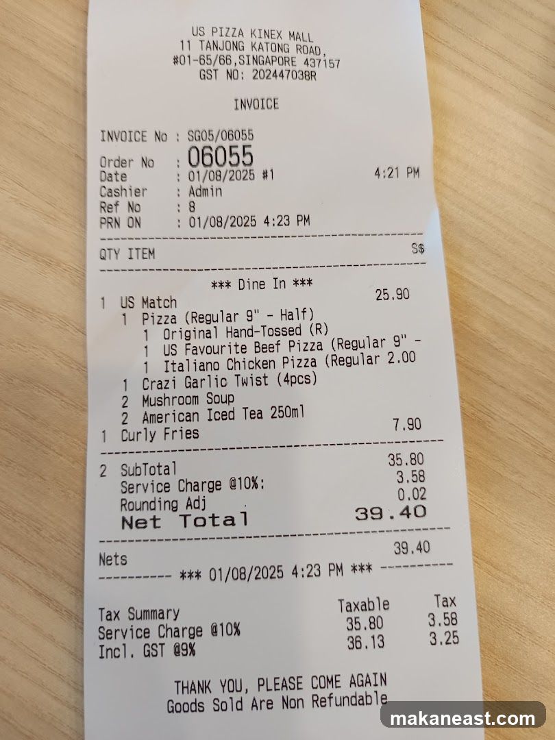 US Pizza Receipt