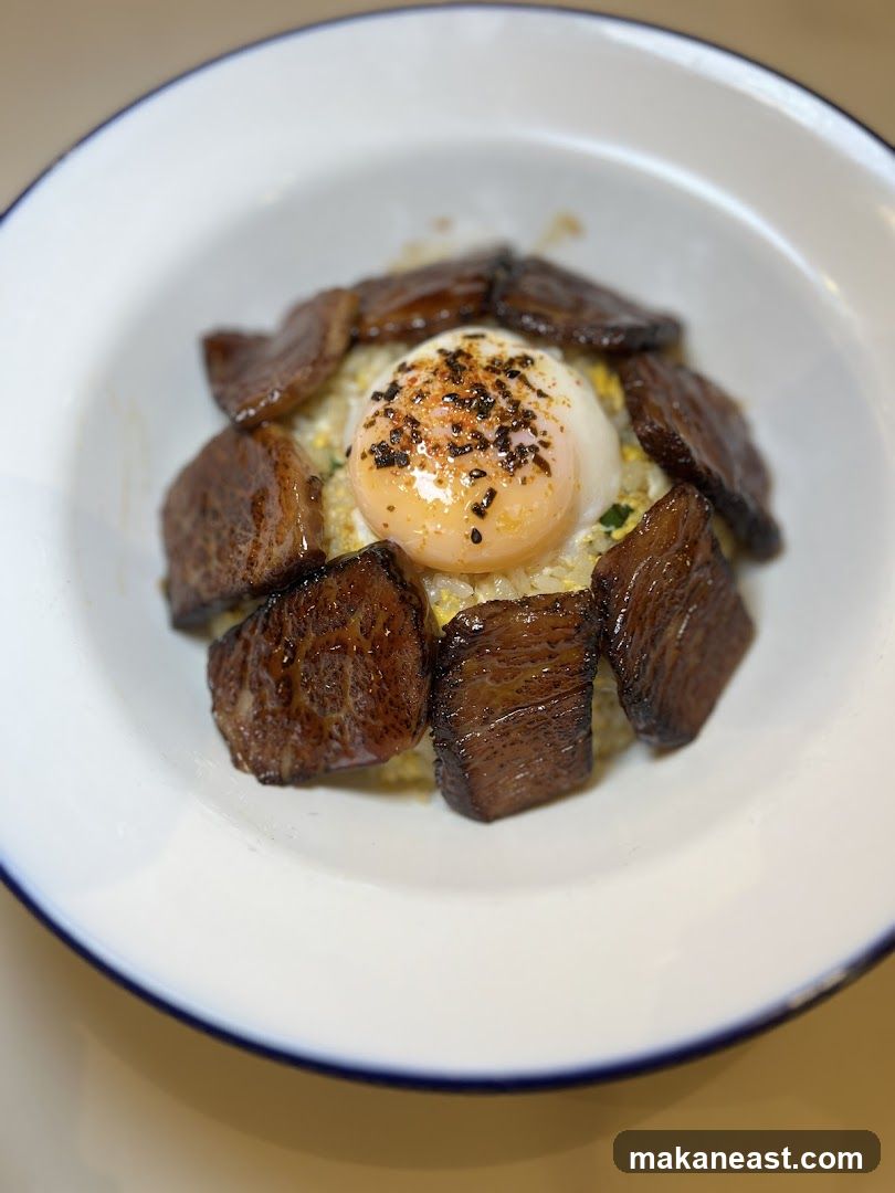 Rice bowl with egg and meat