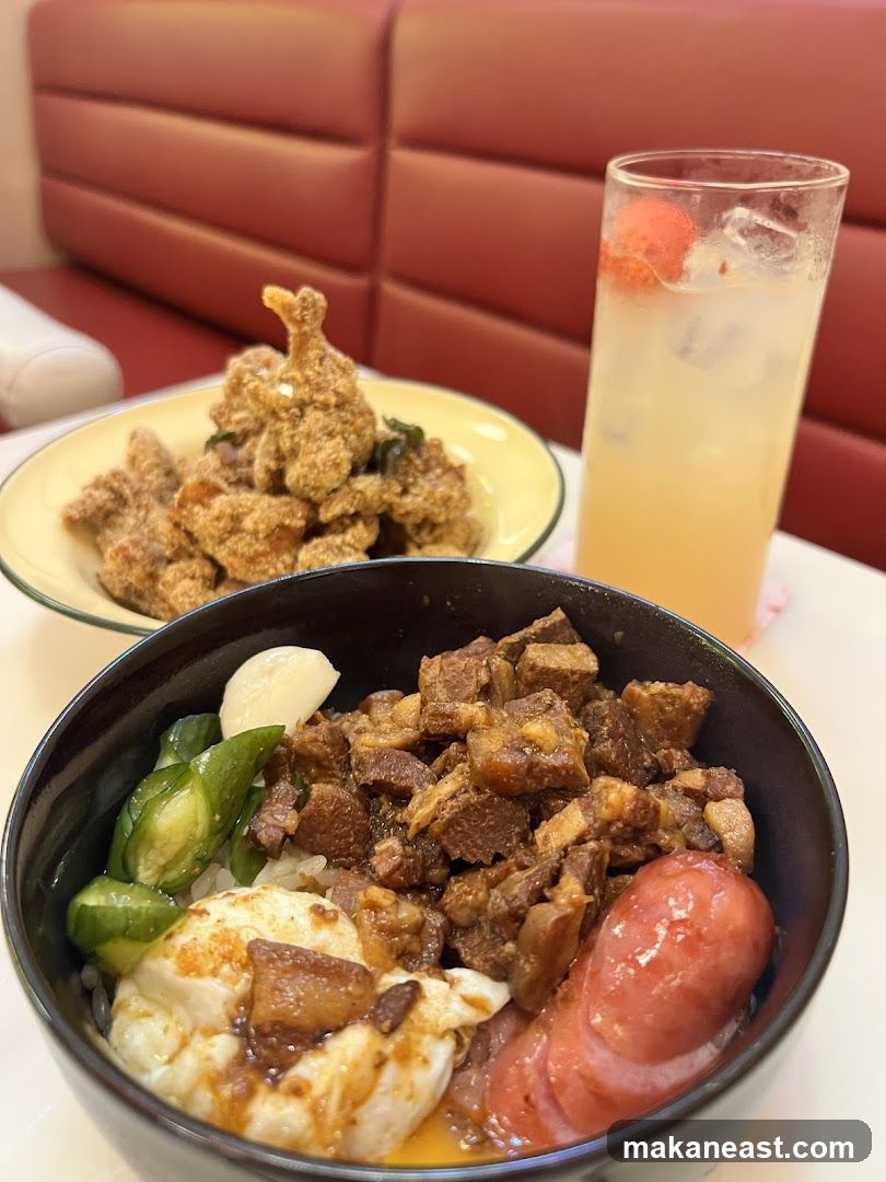 Braised Pork Rice Bowl with Fried Chicken and Drink