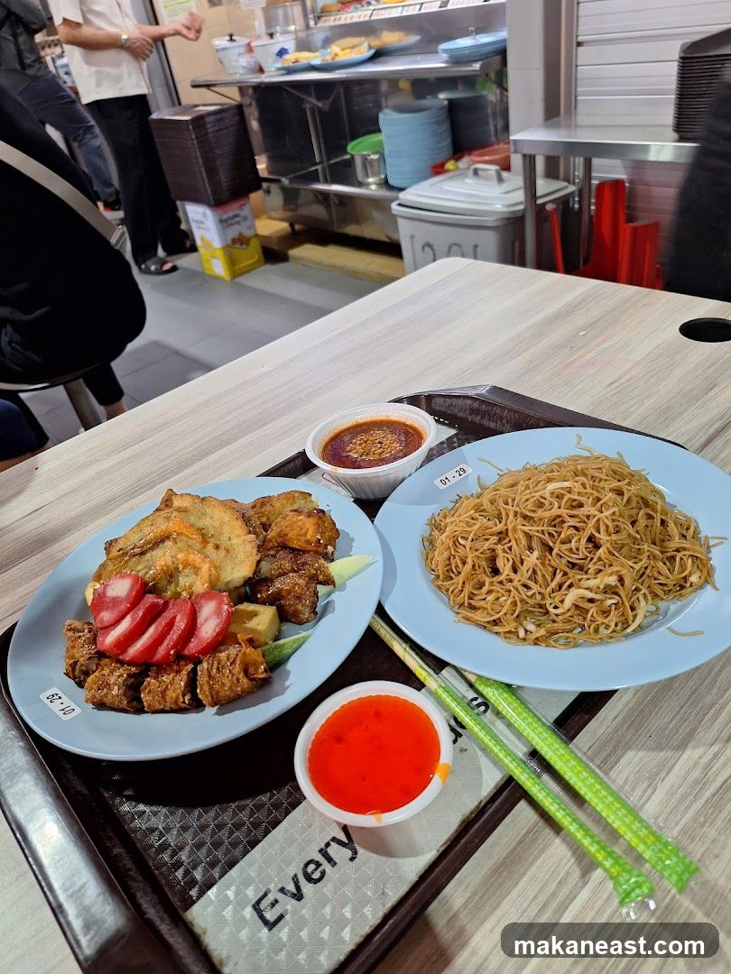 Food Tray with Noodles and Fried Items