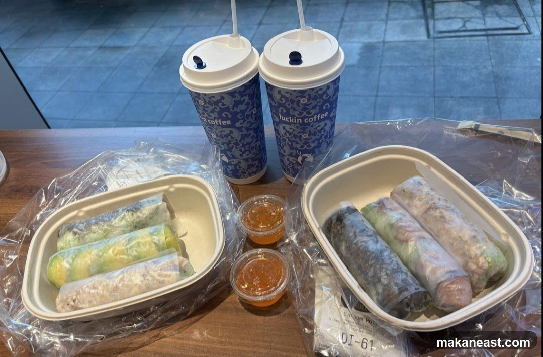 Luckin Coffee Drinks and Spring Rolls