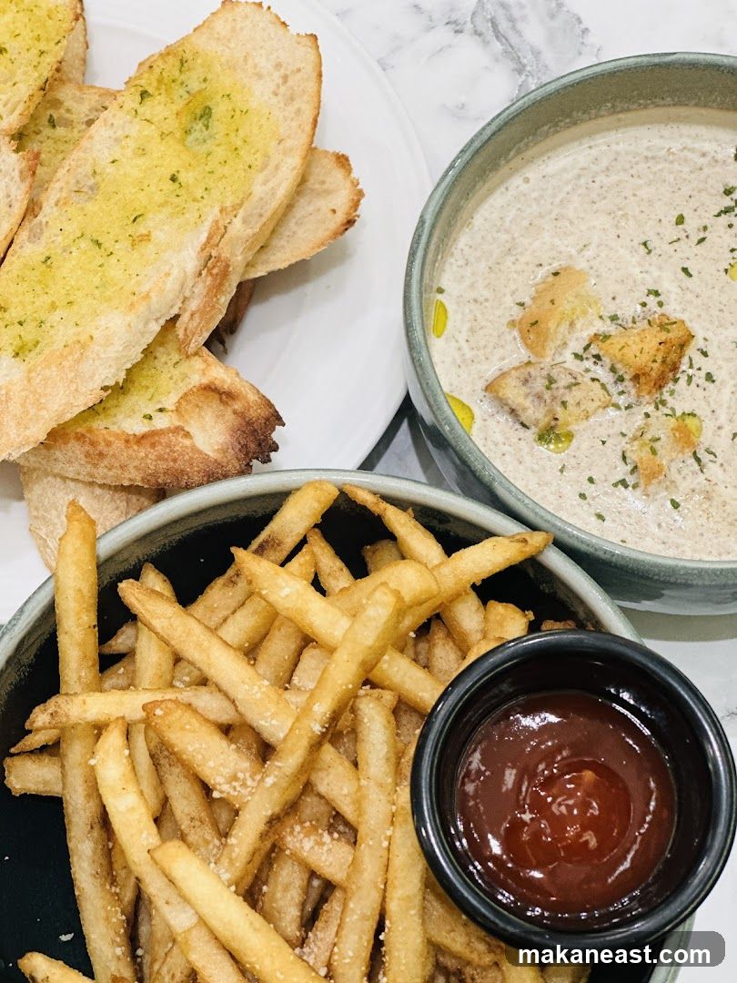 Soup, Fries, and Garlic Bread
