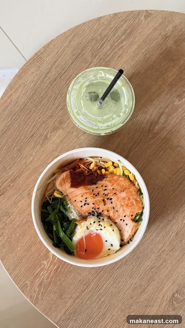 Salmon Bibimbap with a Matcha Drink