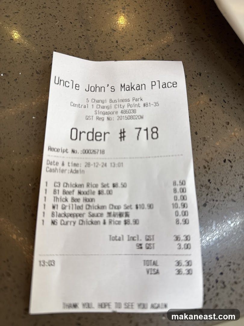 Receipt from Uncle John's Makan Place
