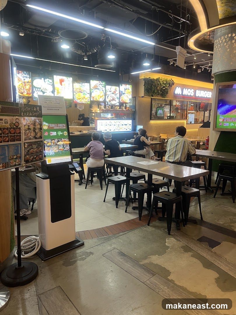 Food court with dining area and various food stalls