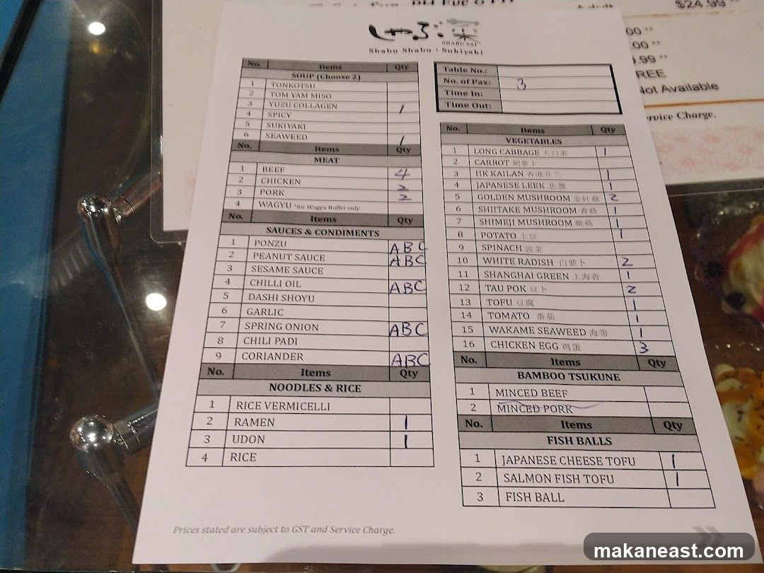 Shabu Shabu Sukiyaki Menu