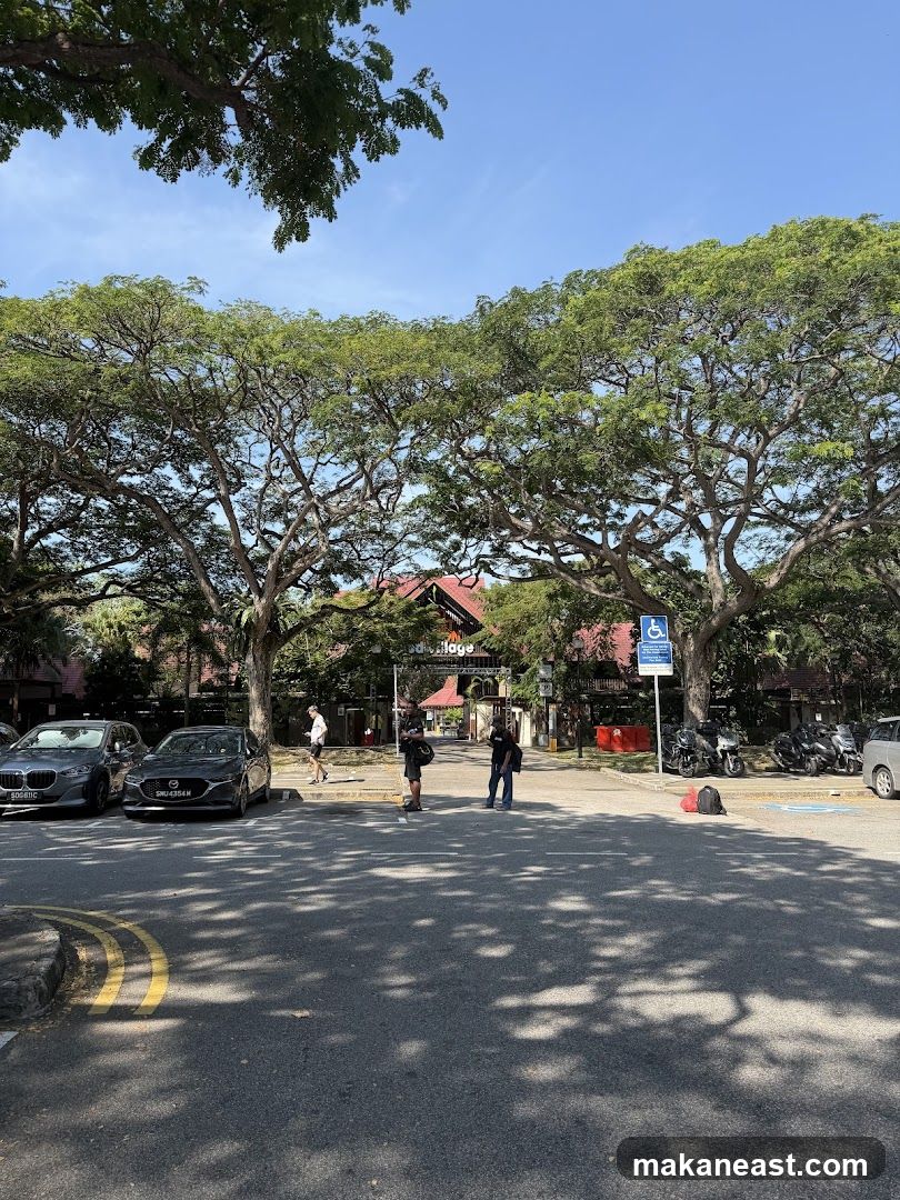 Tree-lined street with buildings in the background