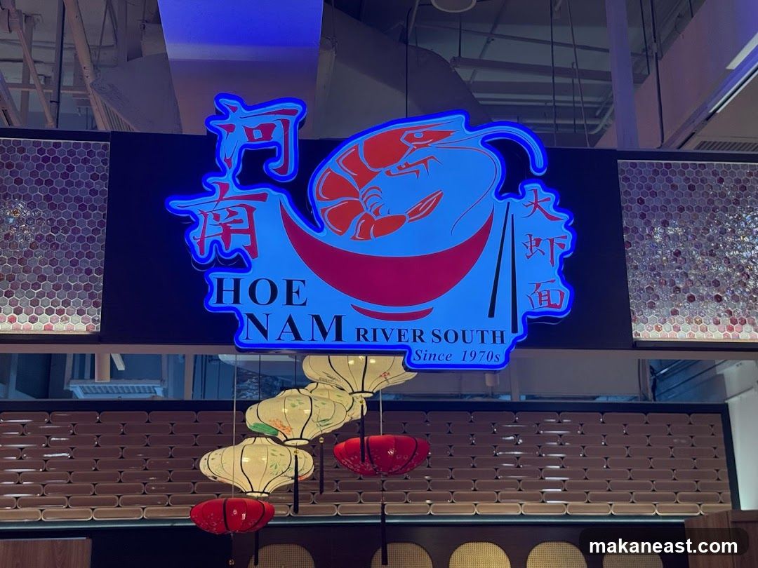 Neon Sign with Shrimp and Noodles