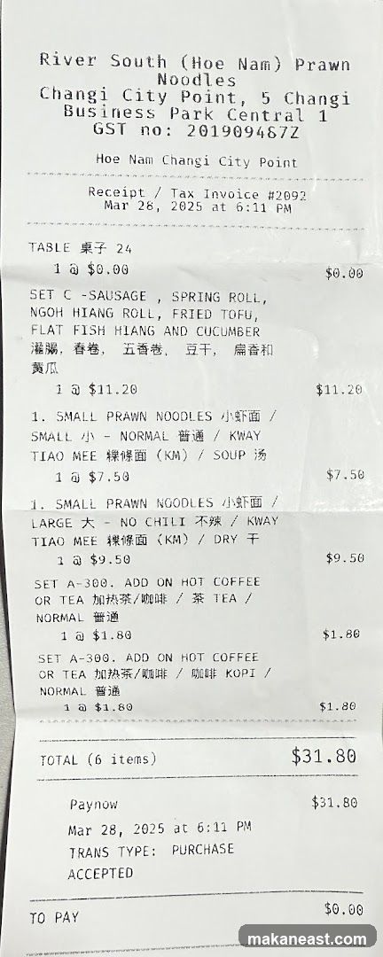 River South (Hoe Nam) Prawn Noodles Receipt