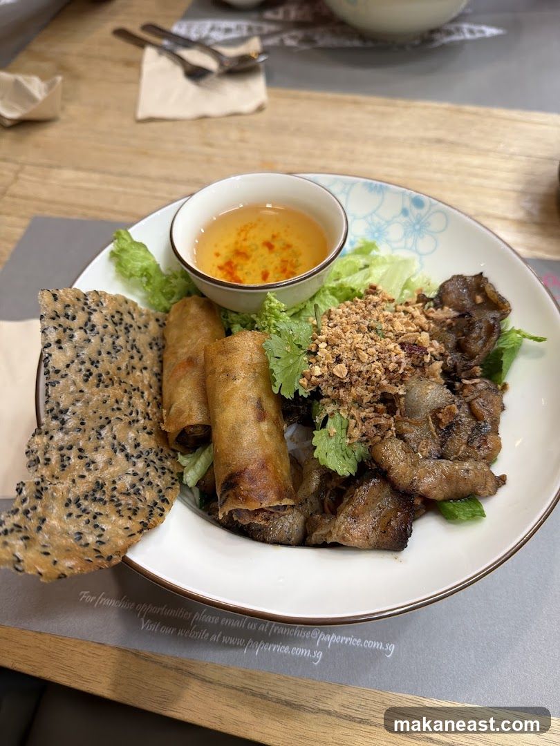 Vietnamese Dish with Spring Rolls and Meat