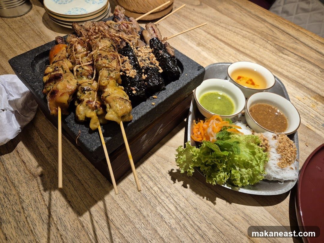 Skewers with Dipping Sauces and Noodles