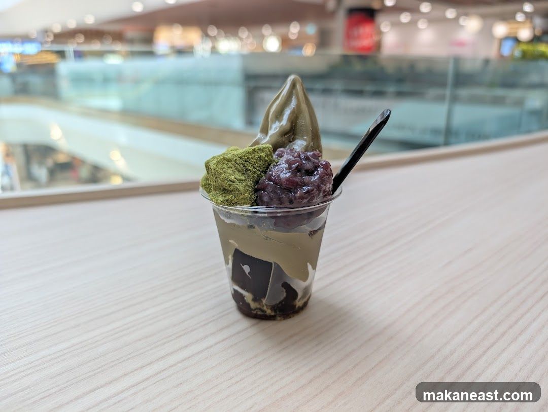 Matcha parfait with red bean paste and mochi