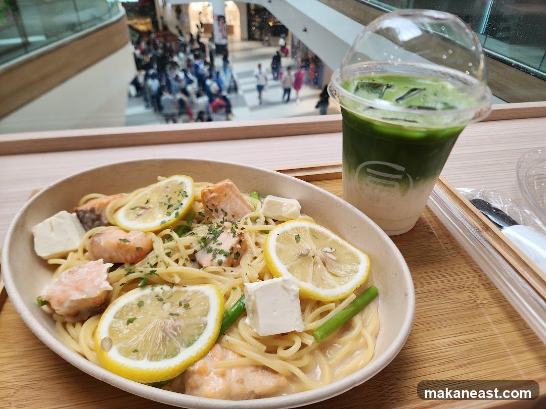 Salmon Pasta and Matcha Drink