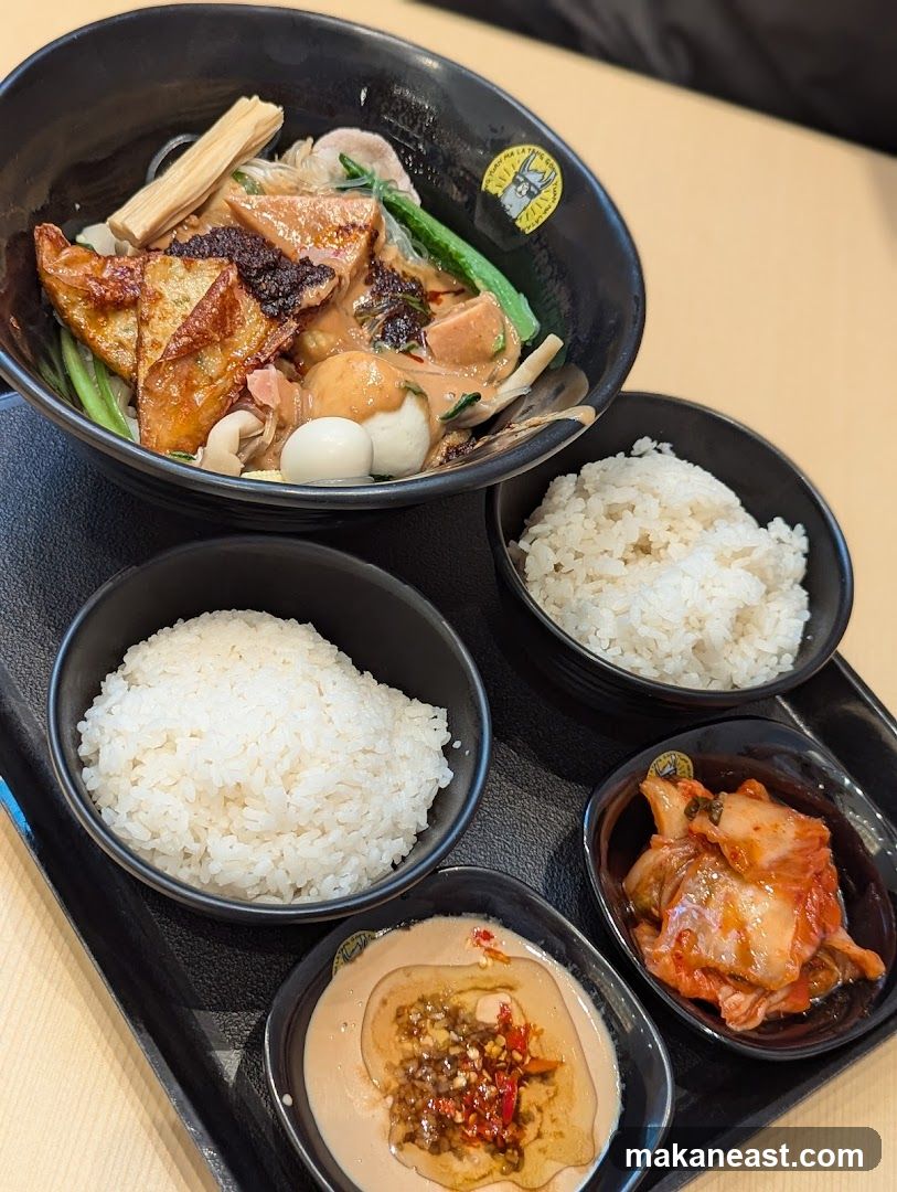 Spicy Noodle Dish with Rice and Kimchi