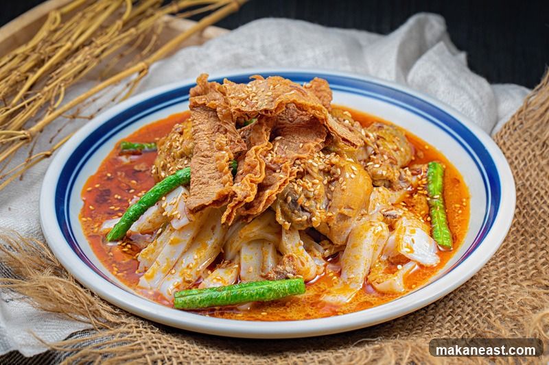 Spicy Noodle Dish with Chicken and Crispy Toppings