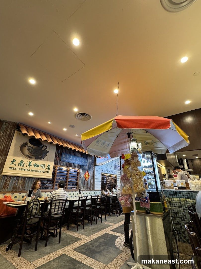Interior of a cafe with seating and a counter