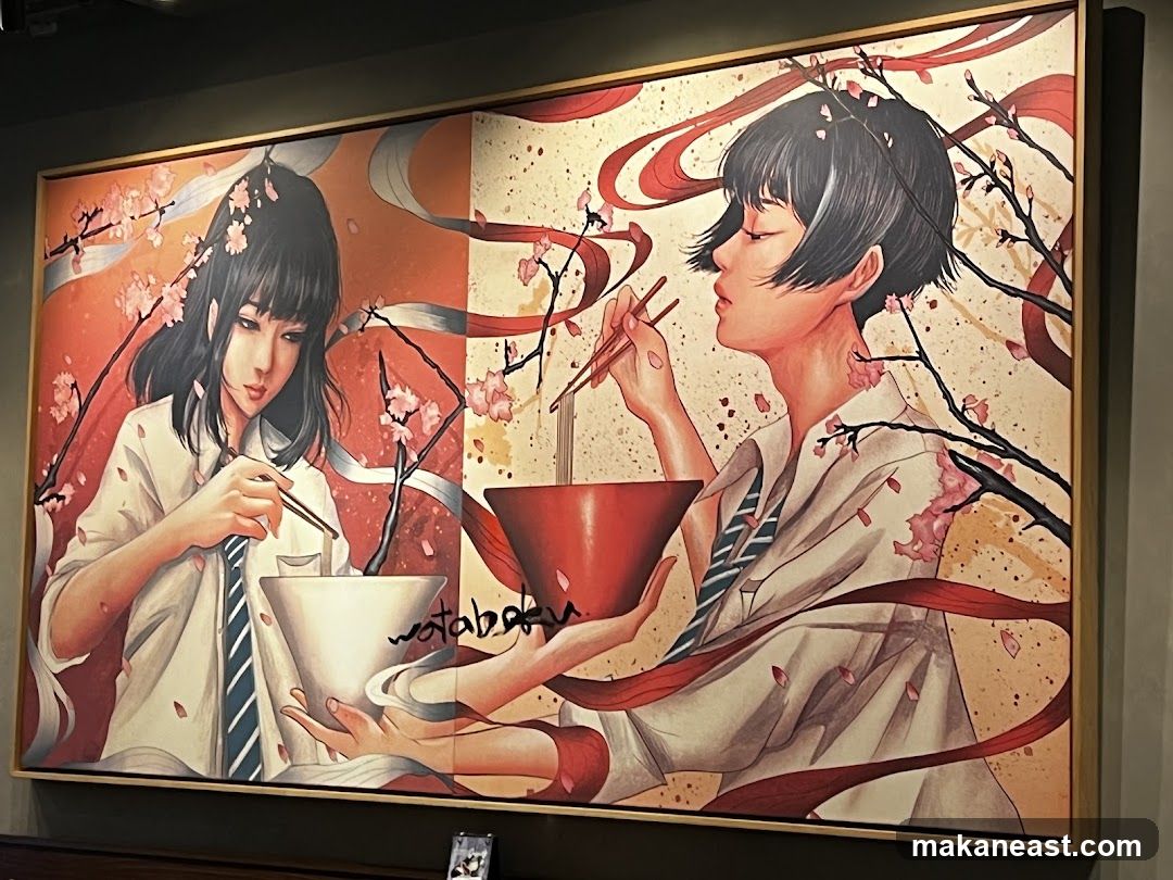 Artwork of two individuals eating