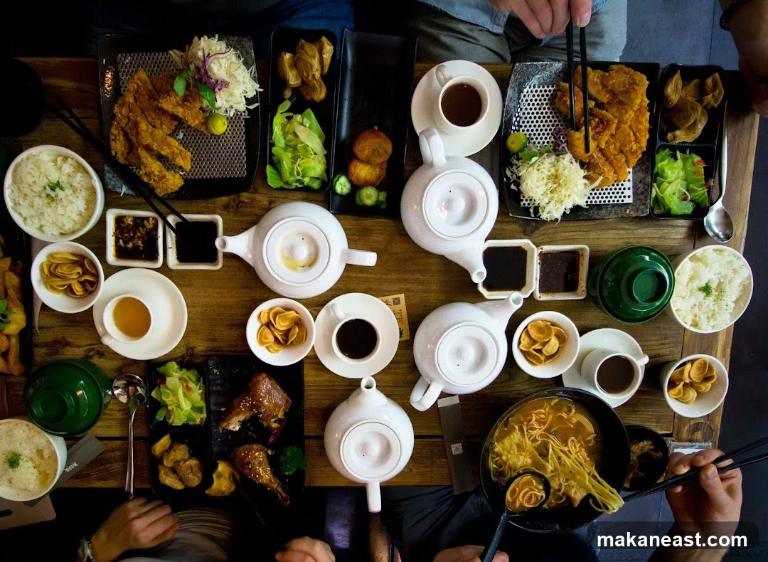 Overhead view of a meal with multiple dishes