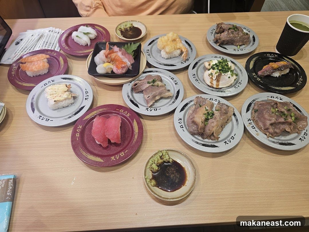 Assortment of Sushi and Meat Dishes