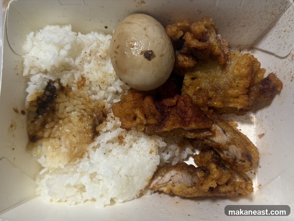 Takeout Box with Rice, Braised Egg, and Fried Chicken