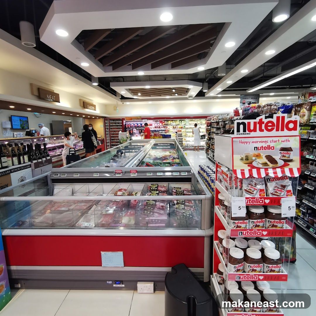Supermarket aisle with frozen foods and Nutella display