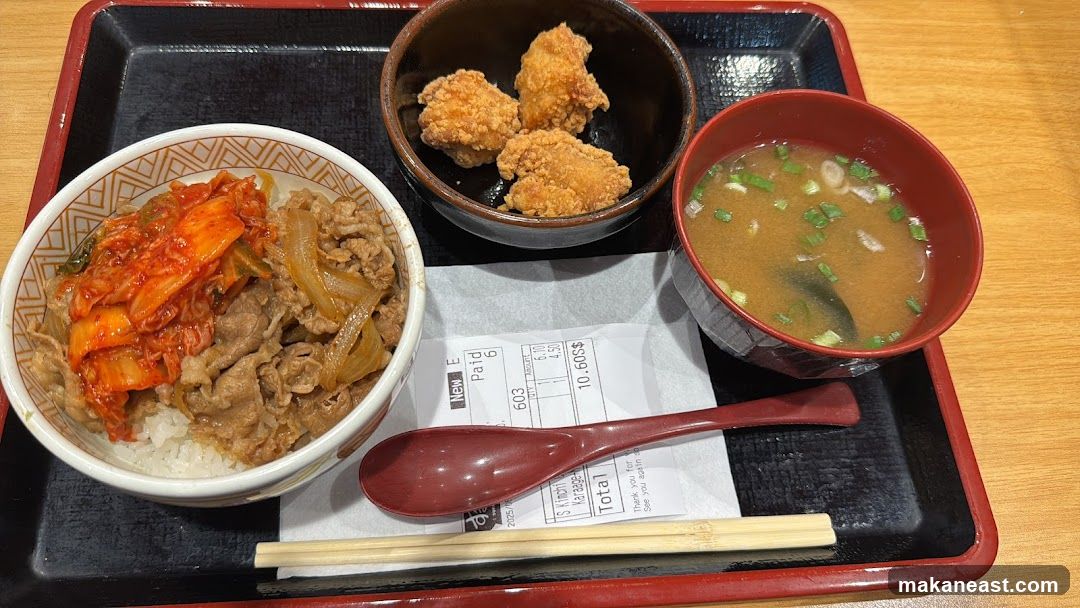 Beef Bowl with Kimchi, Karaage, and Miso Soup