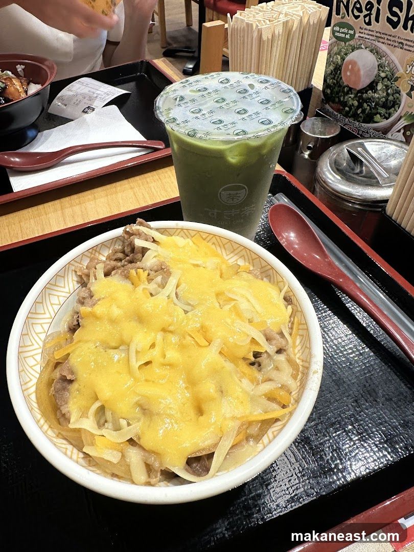 Beef and Cheese Rice Bowl with Matcha Drink