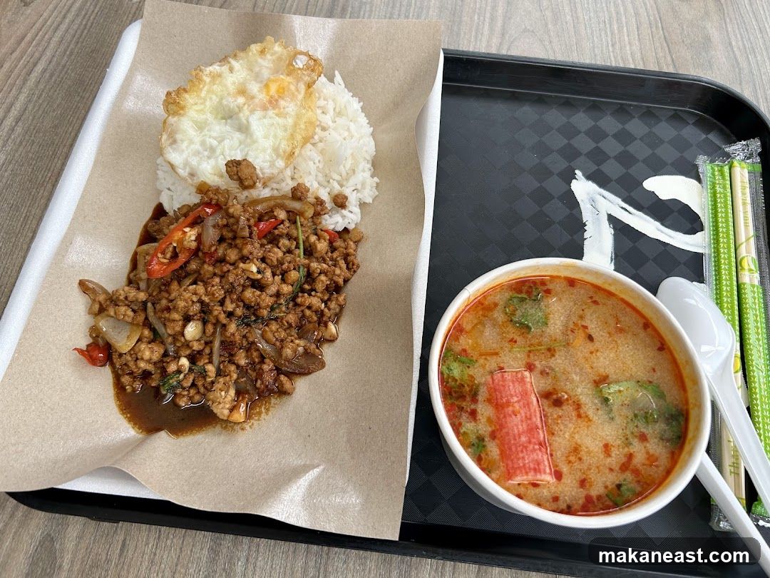 Thai Basil Minced Pork with Rice and Tom Yum Soup