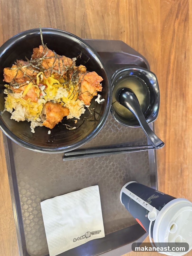 Chicken Donburi with Miso Soup and Drink
