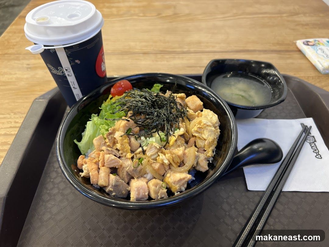 Salmon Donburi with Miso Soup and Drink