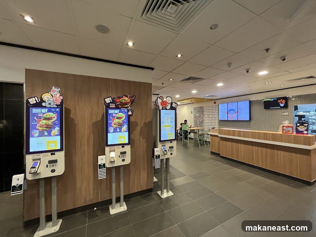 Self-order kiosks and counter in a fast-food restaurant