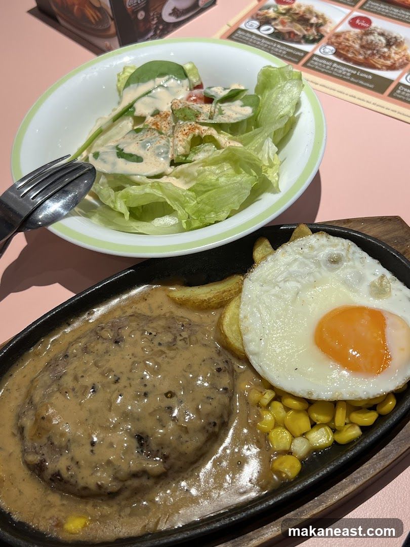 Hamburger Steak with Fried Egg and Salad