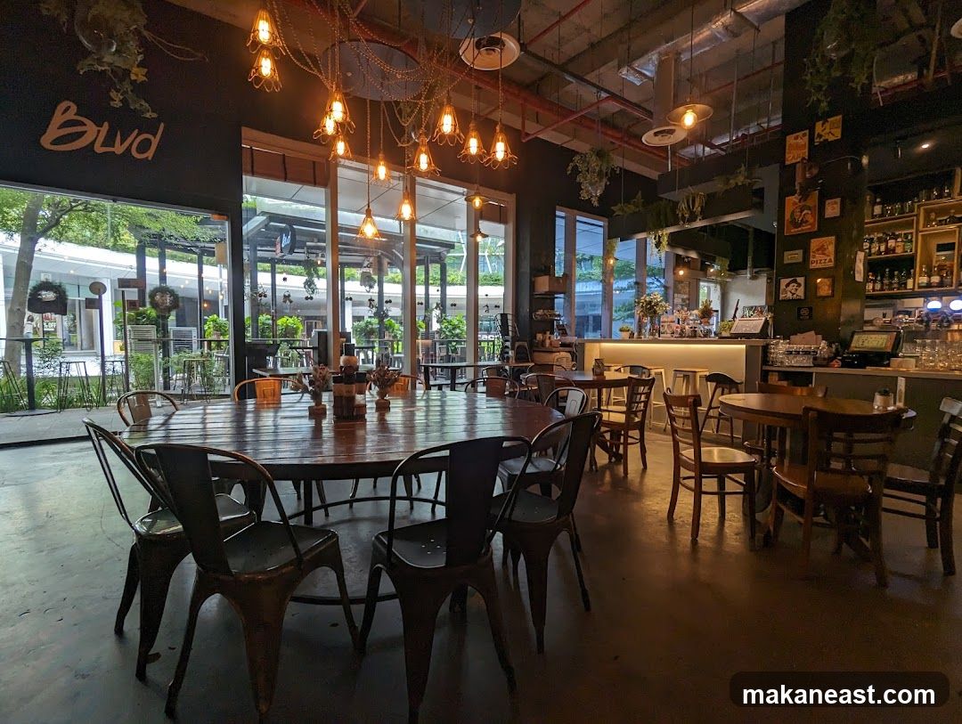 Interior of a restaurant with tables and chairs