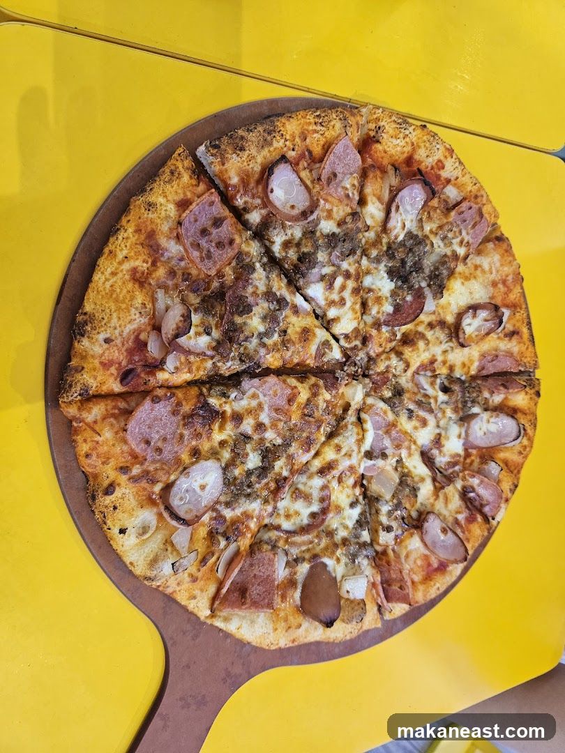 Pizza on a wooden peel