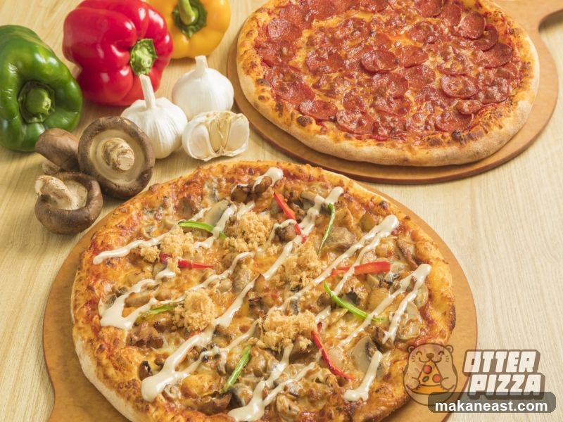 Two pizzas with toppings and ingredients