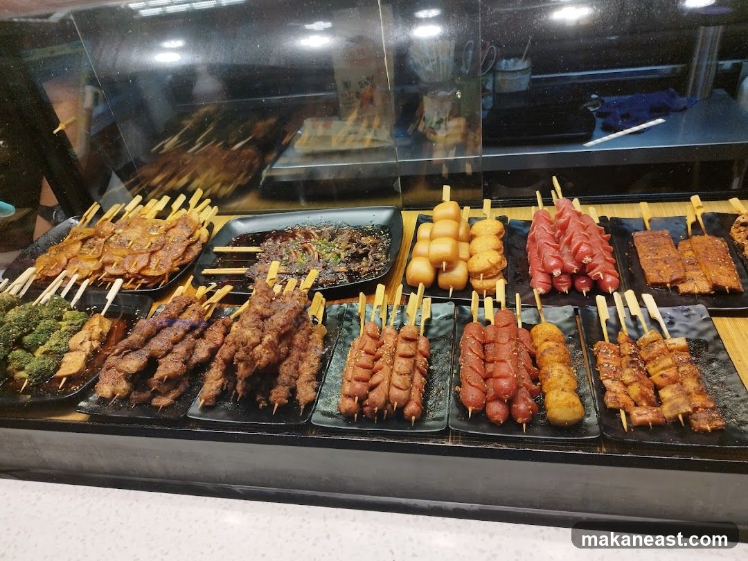 Skewers of food on display