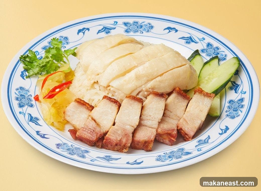 Hainanese Chicken Rice with Crispy Pork Belly