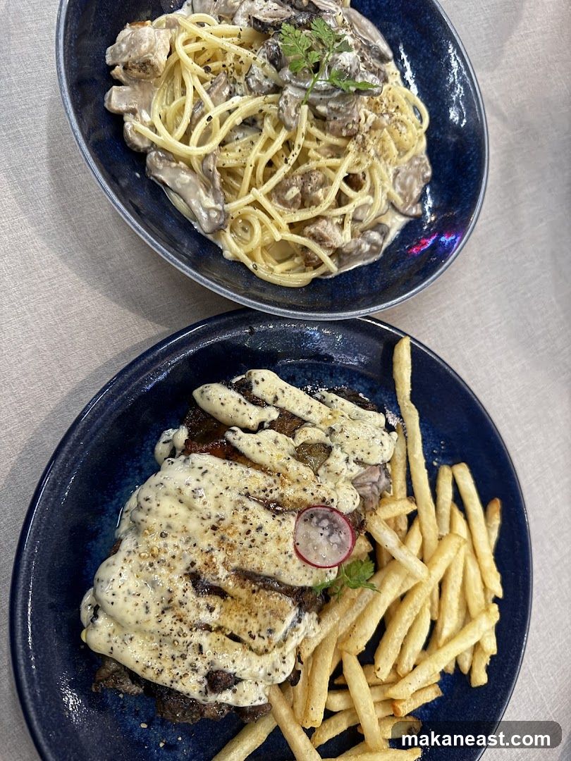 Steak and Fries with Creamy Mushroom Pasta